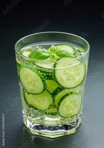 Obraz Refreshing Cucumber and Basil Infused Sparkling Water in Glass