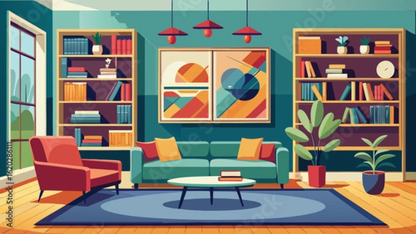 Fototapeta Vector art of stylish living room interior featuring a teal sofa, red armchair, wooden bookshelves, and abstract art, offering a chic and inviting home