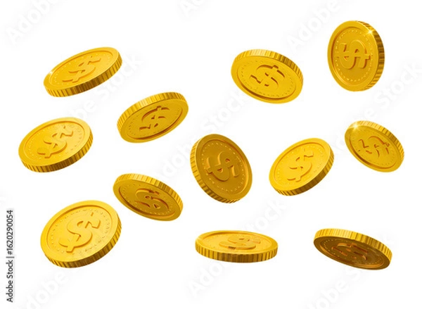 Fototapeta Golden bitcoin cryptocurrency coins falling isolated on transparent background