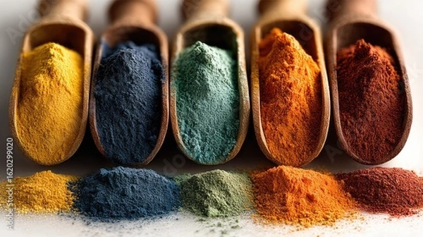 Fototapeta Vibrant Powder Pigments: A visual feast of colorful pigments is presented in wooden spoons, displaying a spectrum of vibrant colors. These finely ground powders, ideal for artistic endeavors.