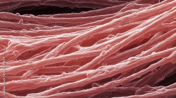 Fototapeta National Atrial Fibrillation Awareness Month. Microscopic view of cardiac muscle tissue affected by atrial fibrillation, showing disrupted electrical impulses between cells, scientific style