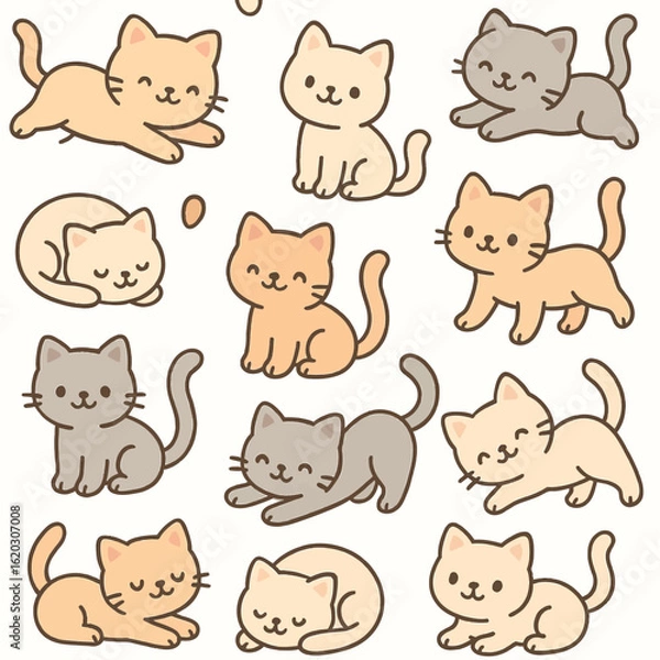 Fototapeta Adorable cartoon cats in various playful and resting poses on a white background.