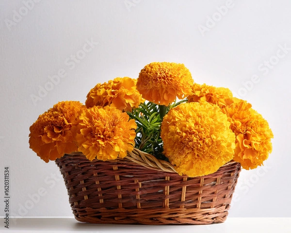 Obraz Orange Marigold Flowers In Bamboo Basket Called Puja Phool Ki Tokri Or Dalia For Decoration And Offering To Hindu God During Festivals viz. Shubh Deepawali, Dussehra, Navratri, Durga Pooja Etc.
