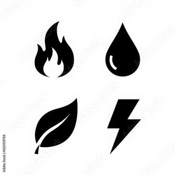Fototapeta Set of four elemental symbols fire, water, earth leaf, and air lightning bolt, isolated on white background