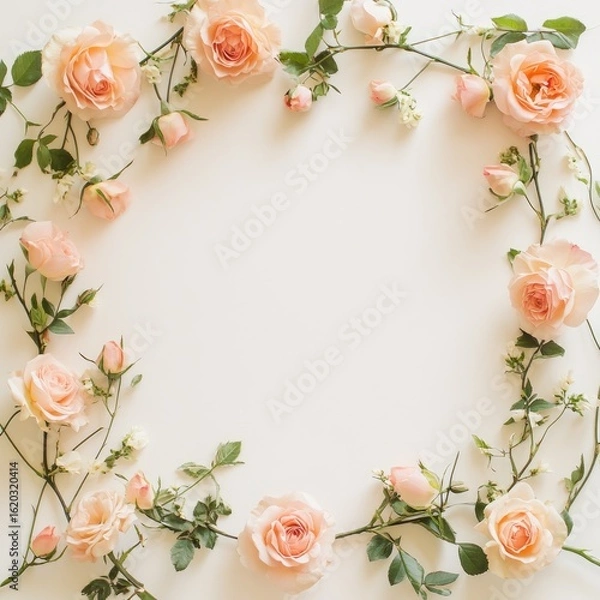 Fototapeta Pink rose floral frame with a vintage border, perfect for a wedding or Valentine's Day greeting card