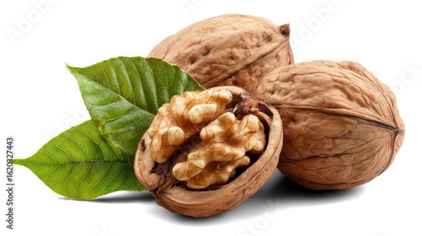 Obraz walnuts with leaves on white background