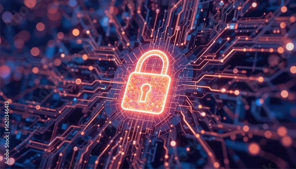 Fototapeta A glowing padlock embedded in a blockchain