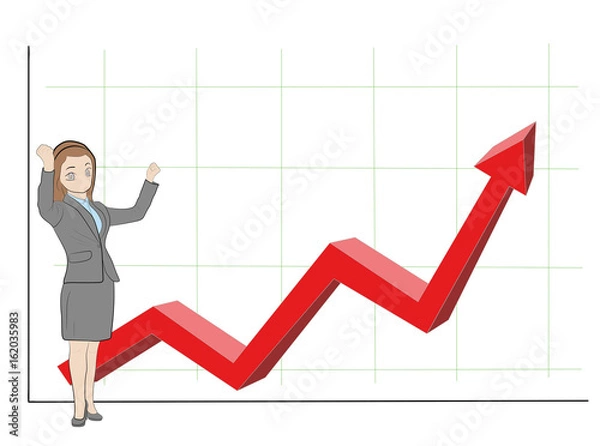 Fototapeta Businesswoman is pleased with the increase in the schedule. Hand drawn cartoon vector illustration for design and infographics.