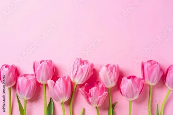 Fototapeta A Gentle Arrangement of Spring Tulips on a Pastel Pink Background