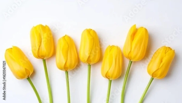Obraz A row of seven bright yellow tulips on a white background