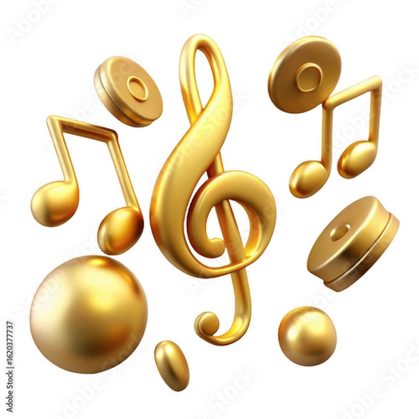 Obraz Gold music notes and clef illustration for musical theme design and decoration on black background render 3d