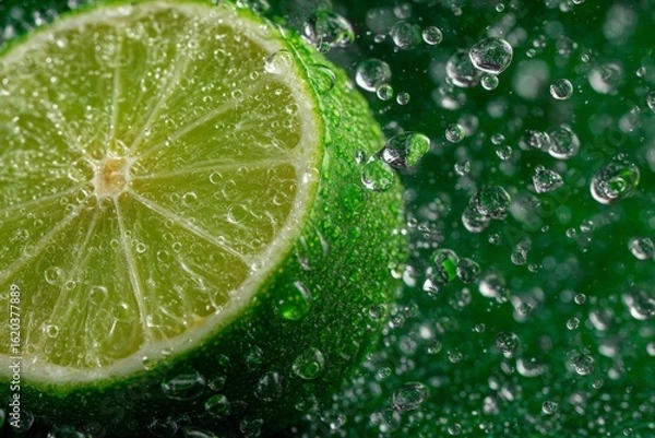 Fototapeta Freshly cut lime surrounded by water droplets with a green background showcasing vibrant textures and details at a close range