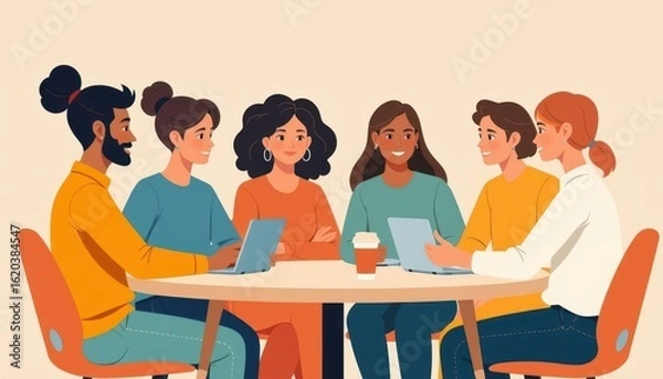 Fototapeta a team of content creators, flat illustration style, warm color palette, minimal background, sitting around a table discussing or collaborating