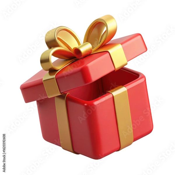Obraz Isolated open red gift box with gold ribbon bow for birthday christmas valentine present surprise 3d render