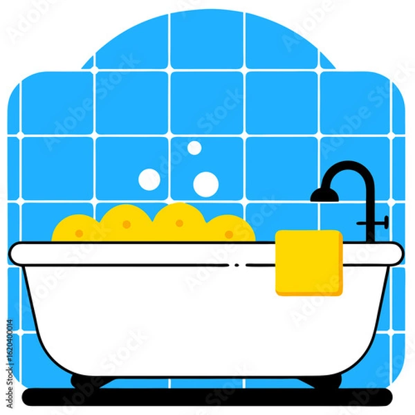 Obraz Bathtub with bubbles in blue tiled bathroom
