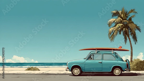 Fototapeta Vintage turquoise car with surfboard parked by the beach, perfect for travel and coastal adventures with summer vibes