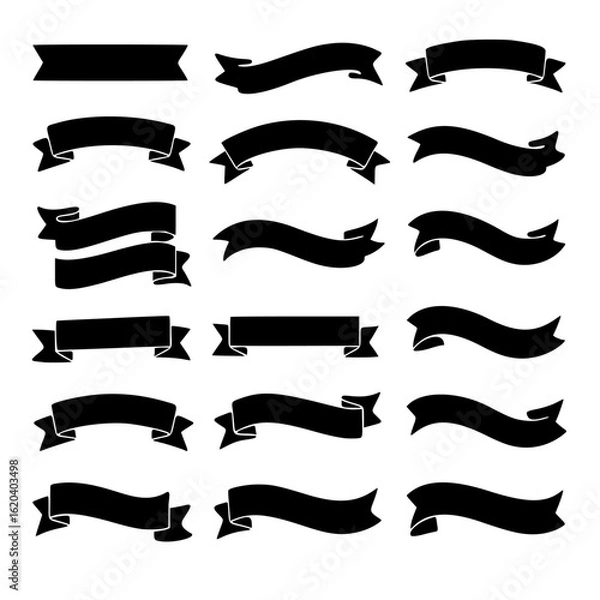Fototapeta 18 black ribbon banners in diverse shapes and styles. Designed for professional branding and decorative use, this collection is ideal for logos, badges, labels, certificates, and retro-themed graphic 