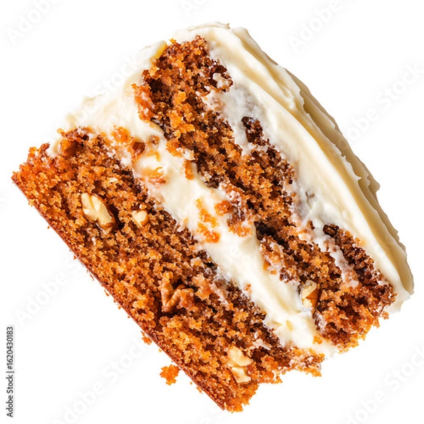 Fototapeta A slice of layered carrot cake with cream cheese frosting and walnut toppings