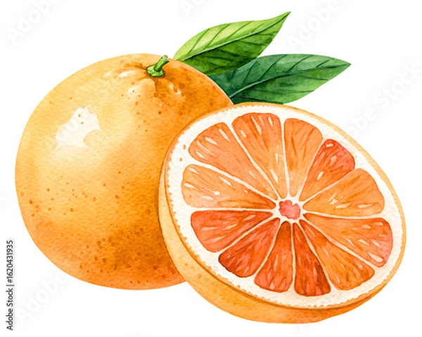 Fototapeta Vibrant Watercolor Illustration of a Ripe Grapefruit and its Juicy Slice Adorned with Fresh Green Leaves