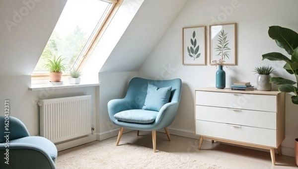 Fototapeta Cozy Attic Reading Nook with Skylight and Modern Furniture for Relaxation