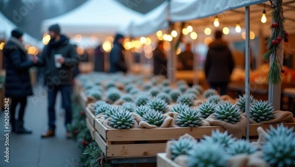 Fototapeta Winter Market Scene with Succulents and Festive Lights on a Cold Day