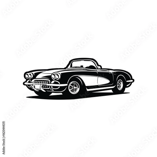 Fototapeta Classic Cabriolet Convertible Muscle Car Monochrome Silhouette Vector Isolated in white background