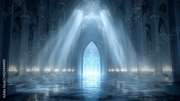 Obraz A magnificent, luminous hall with pillars and chandeliers.