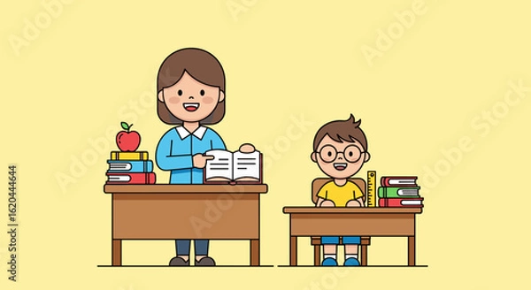 Fototapeta Teacher and student in a classroom setting with desks, books, and an apple, cartoon illustration