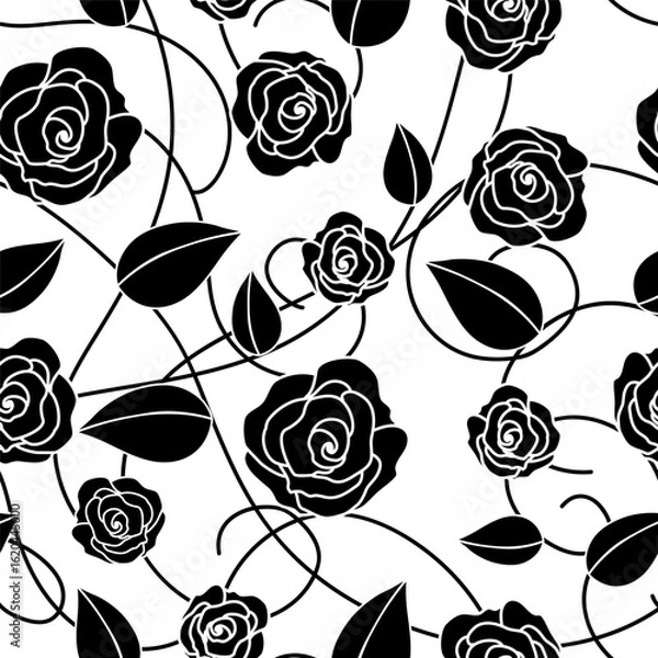 Fototapeta Abstract seamless pattern with roses. Beautiful blossoming hand drawn flower isolated on white background. Line art design. Vector stock illustration