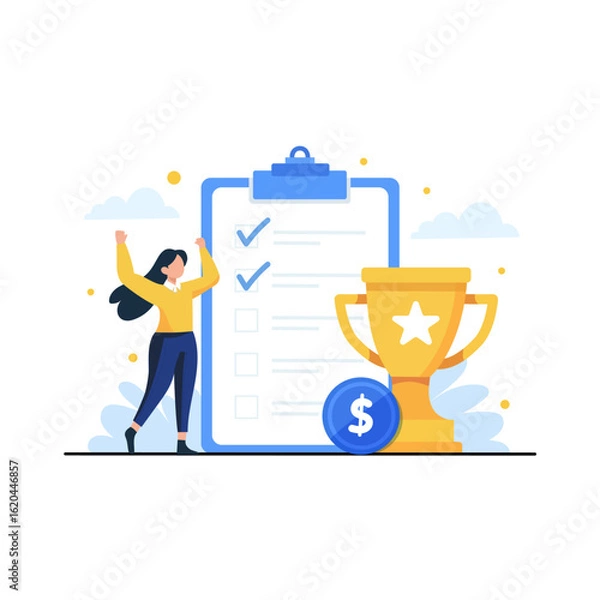 Fototapeta Woman celebrating success stands beside large checklist and trophy, symbolizing achievement and planning. scene conveys sense of accomplishment and motivation