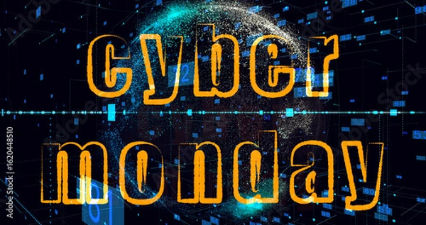 Fototapeta Cyber monday title for store, e-commerce, Introductions, big sale. Digital blue futuristic background with spinning planet and glowing lines and numbers.
