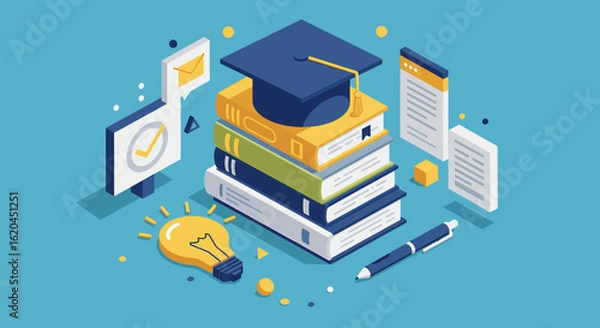 Fototapeta Isometric illustration of a stack of books with a graduation cap, documents, and a lightbulb.