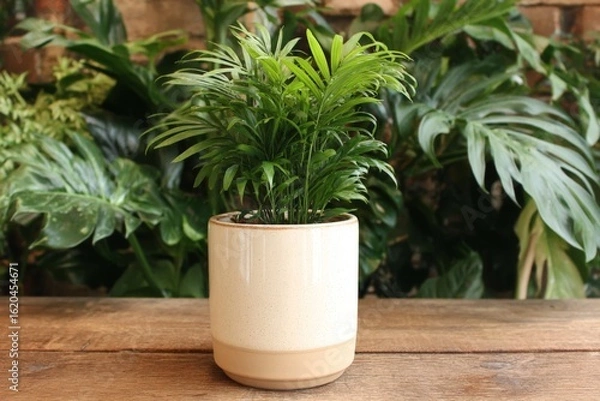 Fototapeta Small palm plant in decorative pot positioned on wooden table amidst lush greenery in indoor setting