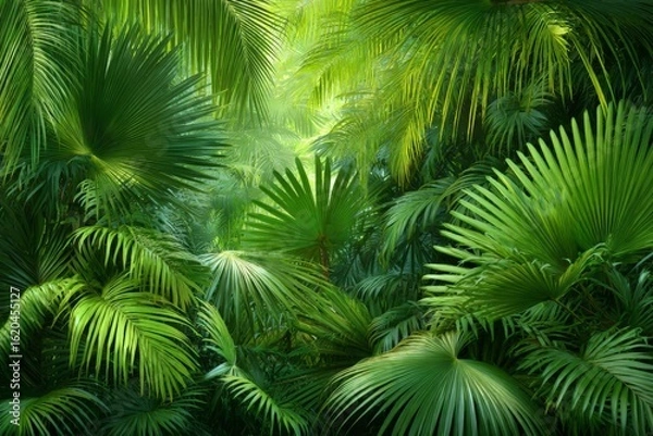 Fototapeta Lush tropical vegetation with diverse palm leaves bathed in soft sunlight in a dense rainforest setting