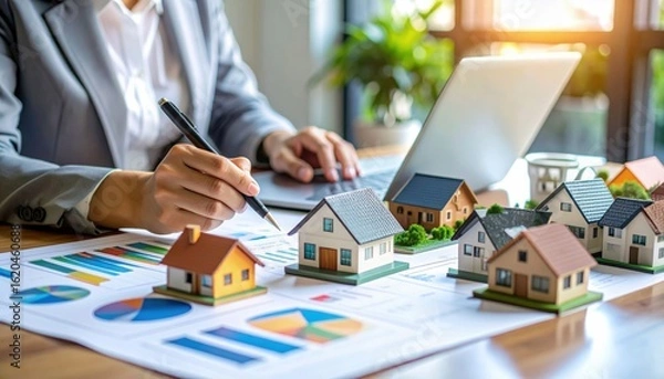 Fototapeta A businessperson analyzes real estate data with miniature houses, charts, and a laptop on a desk in a bright office.