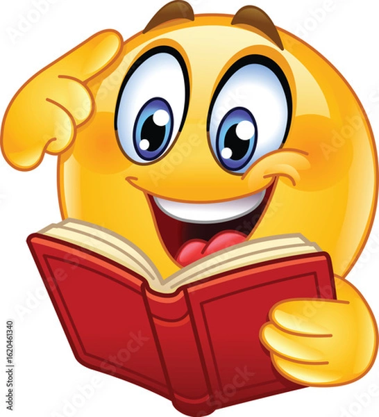 Fototapeta Happy Emoji Emoticon Reading a Book and Pointing to Head
