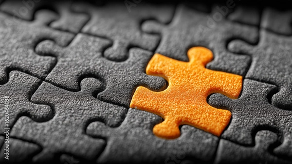 Fototapeta Lone orange jigsaw piece clicks perfectly into a field of black puzzle parts, completing the picture. Symbolises breakthrough solutions, unique contributions