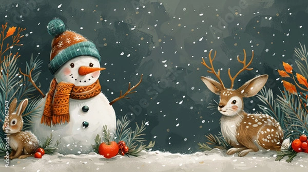 Obraz Snowman, deer, rabbit in snowy woods, winter holiday scene