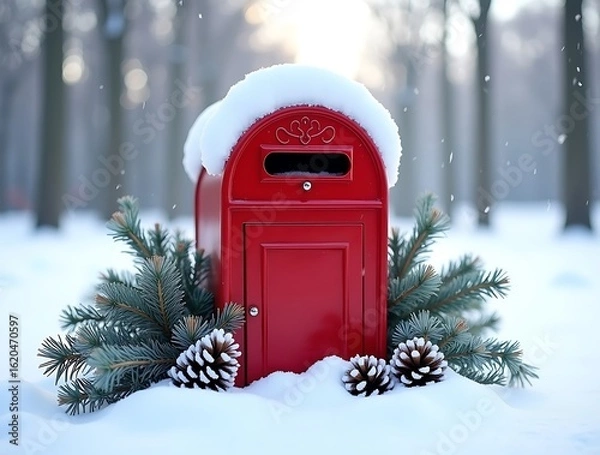 Fototapeta Red mailbox with snow covered pine branches and pinecones
