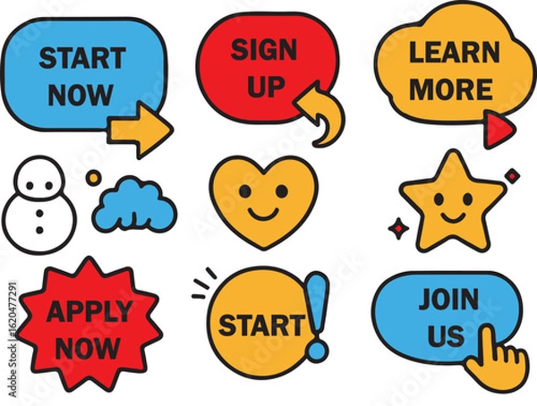 Obraz "Colorful Call-to-Action Buttons Set with Arrows, Stars, and Smiley Faces"