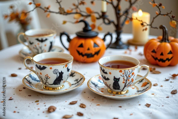 Obraz Elegant Halloween Themed Tea Party with Delicate Teacups and Decor