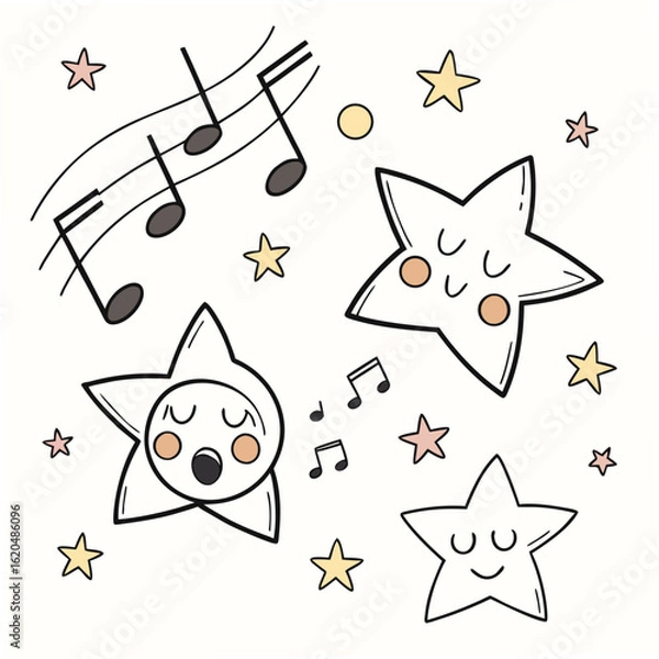 Fototapeta Vector art of cute singing stars and music notes isolated on white background illustration
