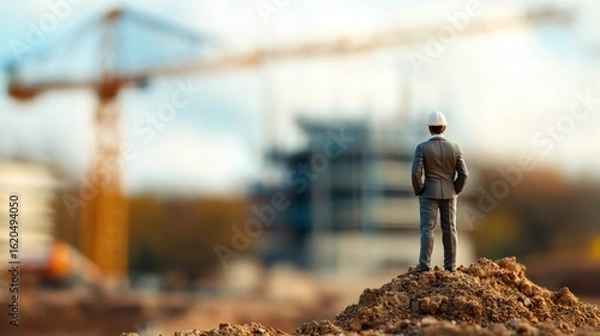 Fototapeta Construction Site Vision: Miniature Architect Contemplating a Modern Building Under Construction