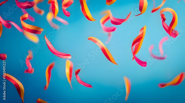 Fototapeta Vibrant confetti floating against a blue gradient backdrop, evoking a festive celebration mood.