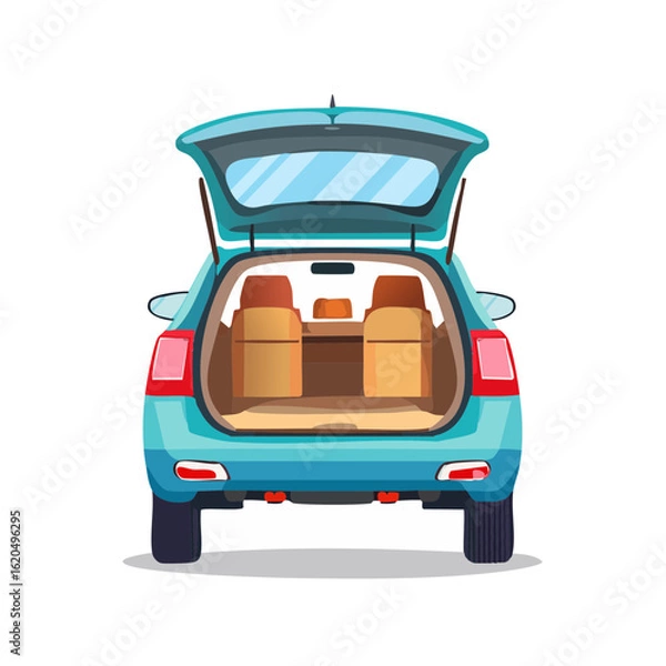 Fototapeta Illustration of a blue car with an open trunk filled with boxes against a black background.