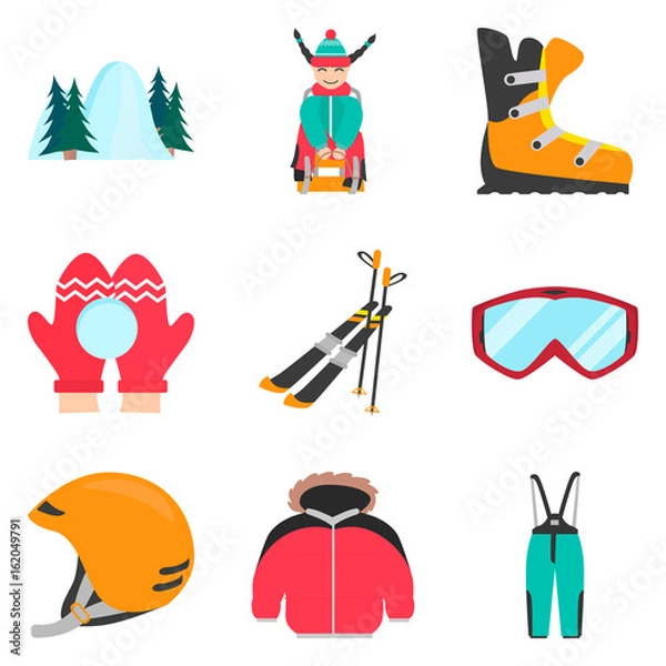 Fototapeta Winter rest and sports color flat icons set for web and mobile design
