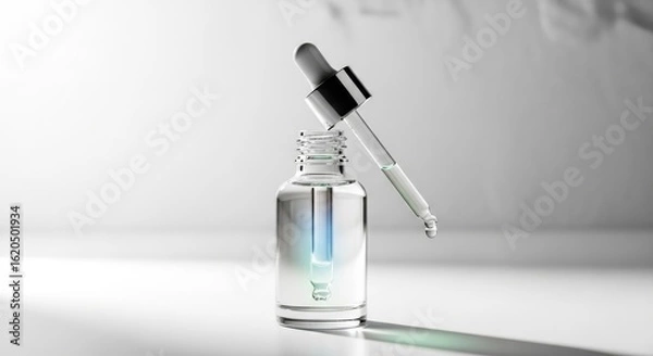 Fototapeta Luxury Skincare Serum with Dropper. Elegant glass bottle of golden beauty serum or essential oil. Single drop falls from pipette onto reflective surface, embodying purity, luxury, cosmetic science