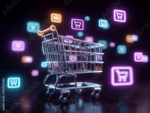 Fototapeta Digital Shopping Cart with Floating Holographic E-Commerce Icons