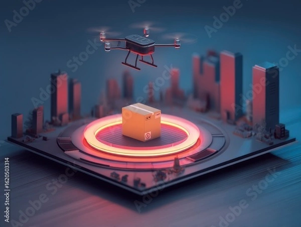 Fototapeta Drone landing gently on a small outdoor platform with rotating LED ring, package attached below, city skyline in distance, style isometric