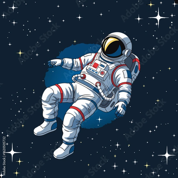 Fototapeta Cartoon Astronaut Floating in Space with Stars and Dark Hole.